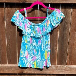 Lilly Pulitzer Blue and Pink Off-Shoulder Blouse